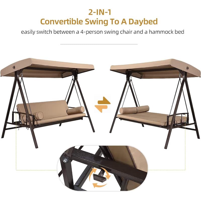 PURPLE LEAF 3-seat Outdoor Patio Porch Swing Adjustable Backrest, Cushions and Pillow Included
