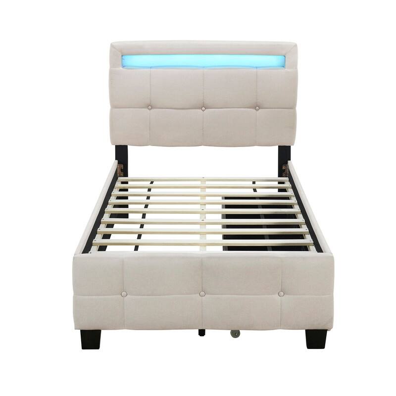Twin Size Linen Upholstered Platform Bed with LED and 2 Drawers
