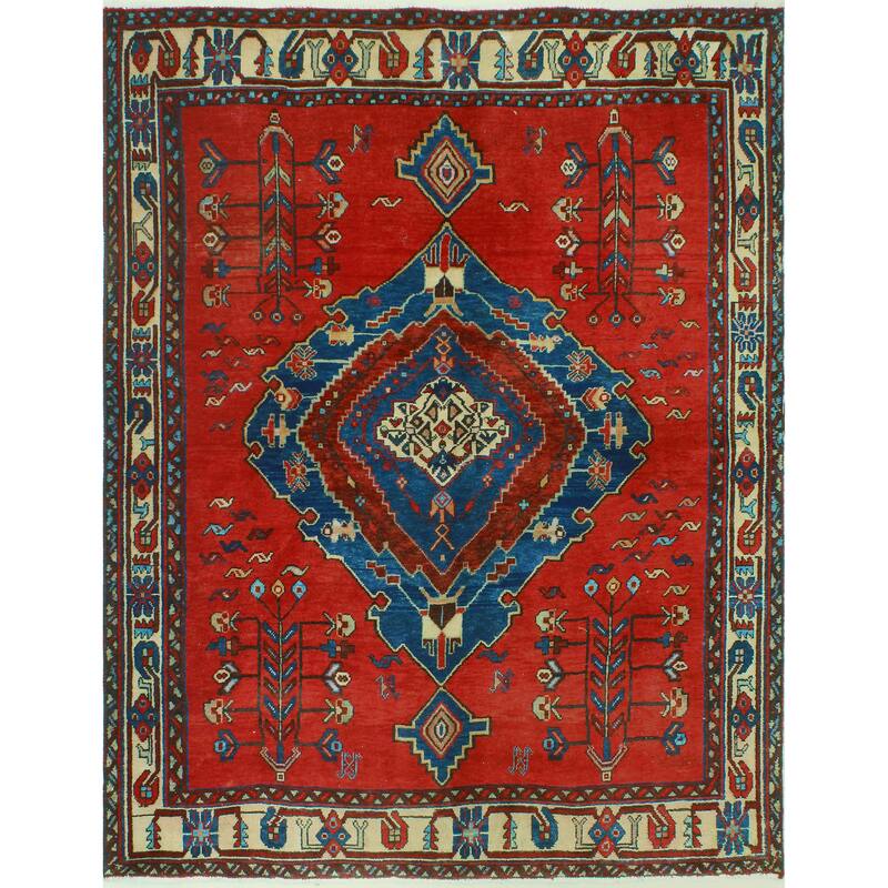Fine Vintage Distressed Fattah Red/Navy Rug - 5'4" x 6'11"