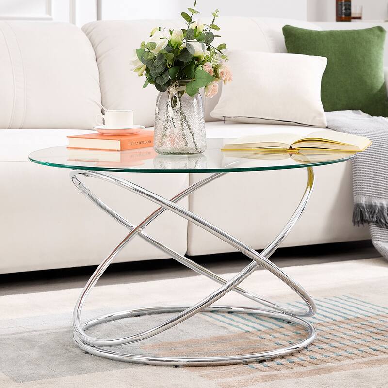 Tempered Glass Top Round Coffee Table with Metal Base - 31.5"Dia Top x 17.7"H x 23.6"Dia Base
