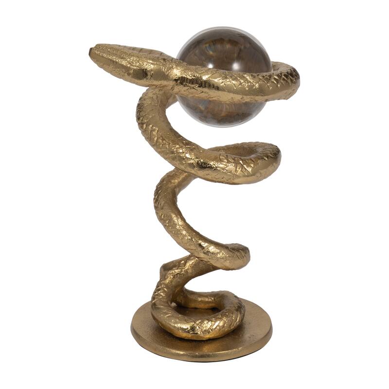 Sagebrook Home's Gold Novelty 7'' Metal Snake Coil Figurine with Acrylic Ball - 5" x 4" x 7"