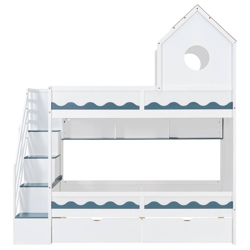 Twin Over Twin Bunk Bed with Stairs, LED Lights, Storage Drawers, House Shaped Wood Loft Bed with Guardrail