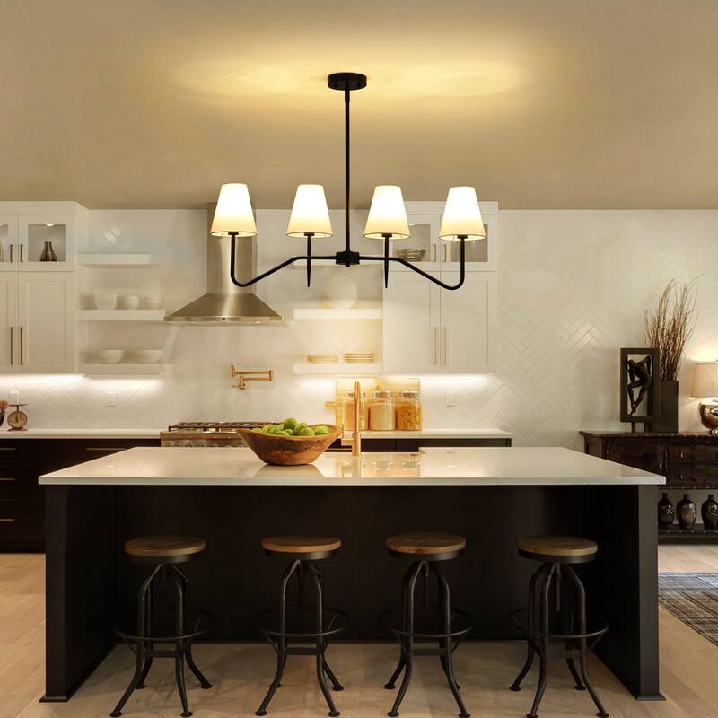 32.3" 4-Light Mid-Century Modern Gold/Black with Fabric White Cone Shades Kitchen Island Pendant Light