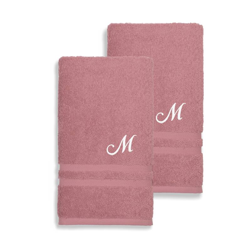 Authentic Hotel and Spa Omni Turkish Cotton Terry Set of 2 Tea Rose Hand Towels with White Script Monogrammed Initial - Pink/M
