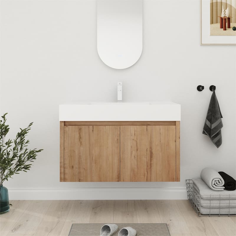 Bathroom Vanity With Sink In 24/30/36 Inch, Floating Bathroom Vanity with Soft Close Door - 35.4"W x 18.1"D x 22.4"H - Imitative Oak