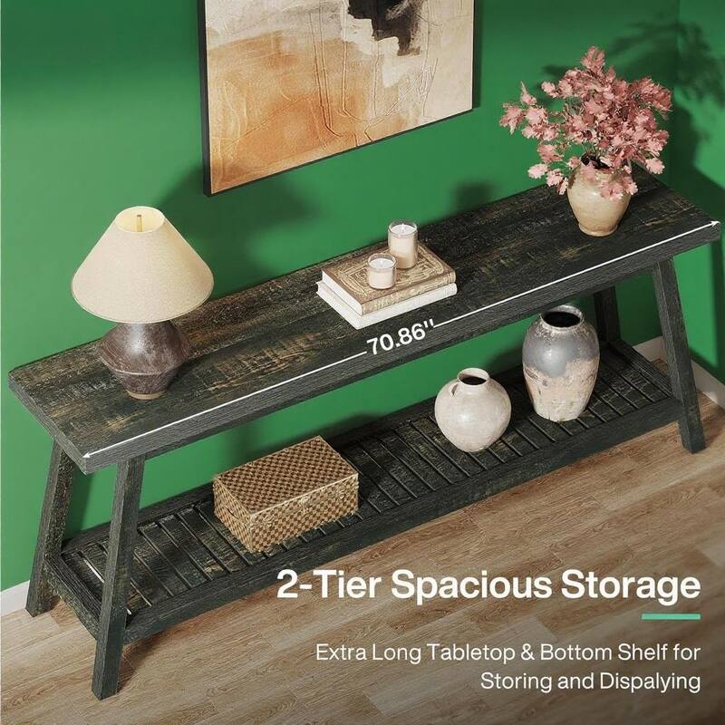 Grey-Natural Engineered Wood 2-Tier Console Table with Farmhouse Style - 70.86” L x 11.81 W x 31.49 H