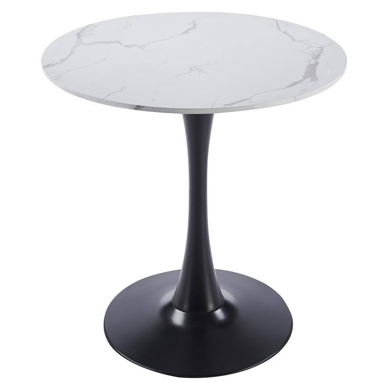 Bristol Modern Solid Wood Top Dining Table with Powder Coated Stainless Steel Pedestal Black Base for Home Kitchen or Restaurant - Marbled White - 40 Inches
