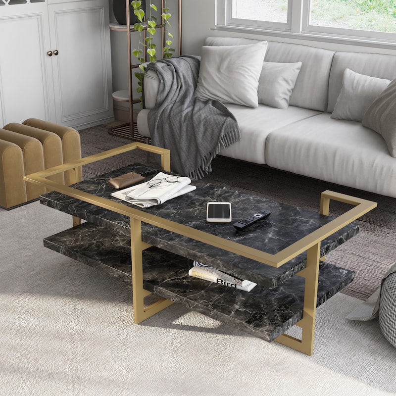 Lovell Glam Gold and Black 51-inch Faux Marble 1-Shelf Coffee Table by Furniture of America
