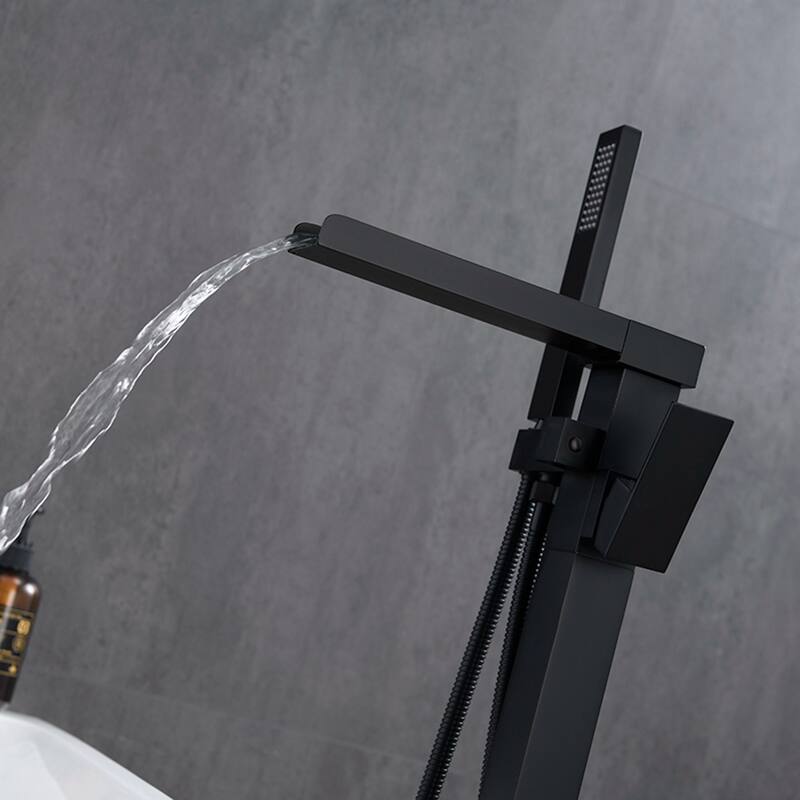 Single Handle Waterfall Tub Filler Freestanding Bathtub Faucet with Hand Shower in Black