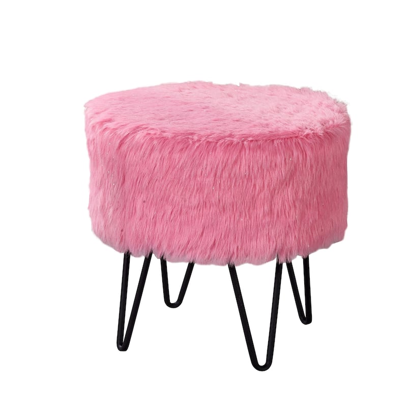 Pink Glitter Fauxfur Round Ottoman Soft Stylish Home Decoration