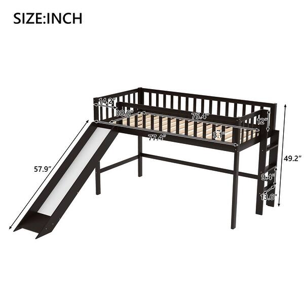 dimension image slide 0 of 6, Low Loft Bed w/Ladder & Slide, Solid Wood Loft Bed Frame w/Guardrail