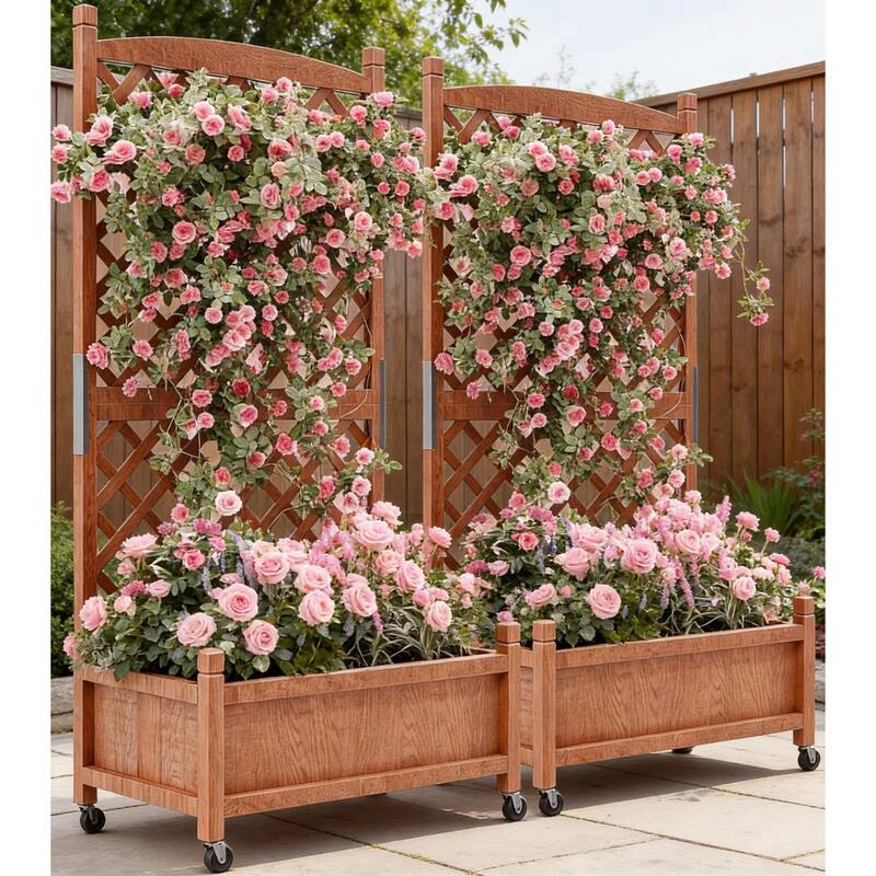 Wooden Planter Box, with Trellis, Locking Wheels and Drainage Holes - 2pcs