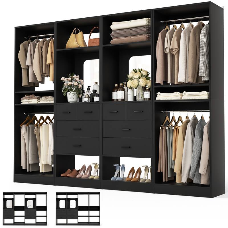 Set of 4 Closet System with 4 Drawer and Hanging Rods, Freestanding Closet Organizer with Storage Shelves