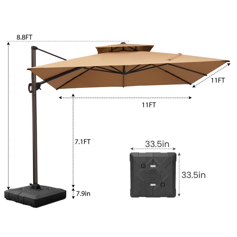 Pellebant 11X11FT Outdoor Patio Cantilever Offset 360 Degree Rotation Umbrella with Base Stand