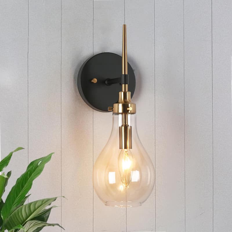 Synia Modern Black Brass Wall Sconces Glass Bathroom Vanity Lights for Hallway - L 5" x W 7" x H 15" - L 5" x W 7" x H 15" - Black & Gold