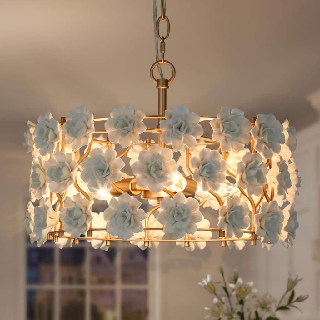 Veitchii Modern Farmhouse Drum Chandelier French Country 3-light Handmade Ceramic Flower - D16" x H 72"