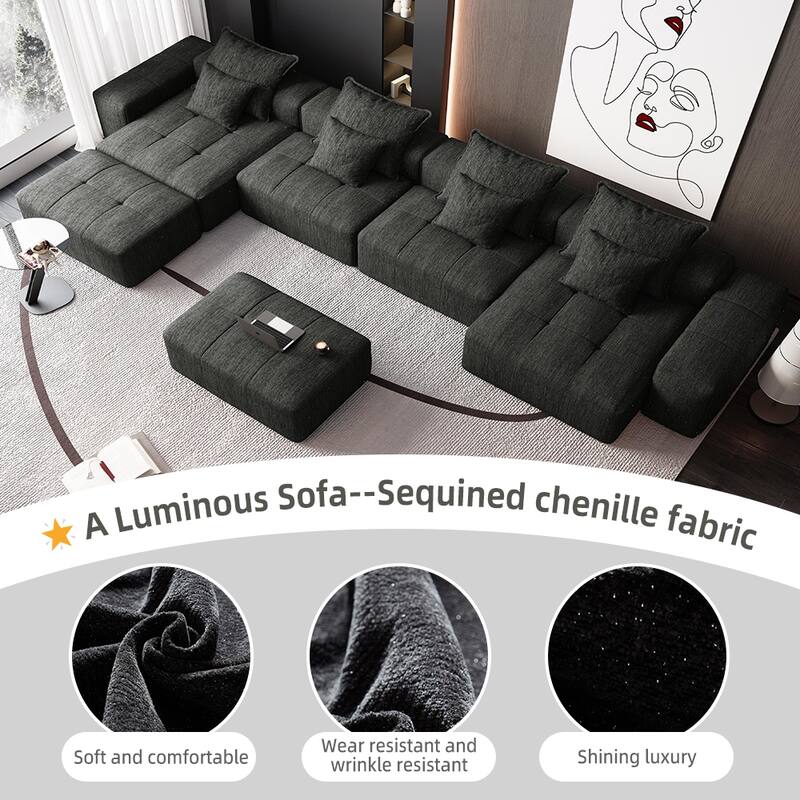 127" Oversized Modular Sectional Sofa,6 Seat Sparkling Chenille Fabric Soft Cushion Sofa with 8 Pillows,No Assembly Required