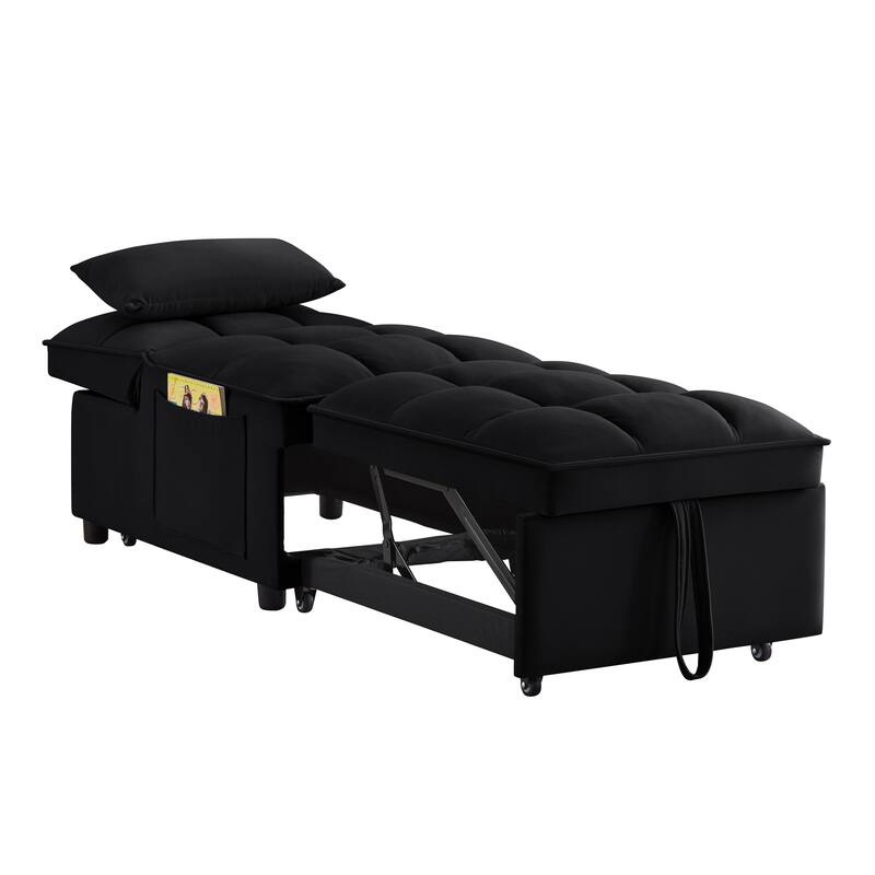 Velvet Multi-Function Chair Bed with Adjustable Backrest, Storage Pockets and Convertible Chaise Design