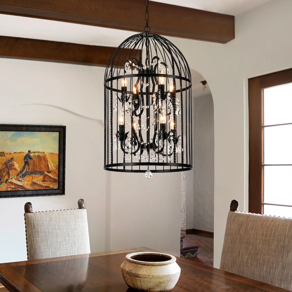 Vintage Black 8-Light Cage Pendant Light with Crystal Accents
