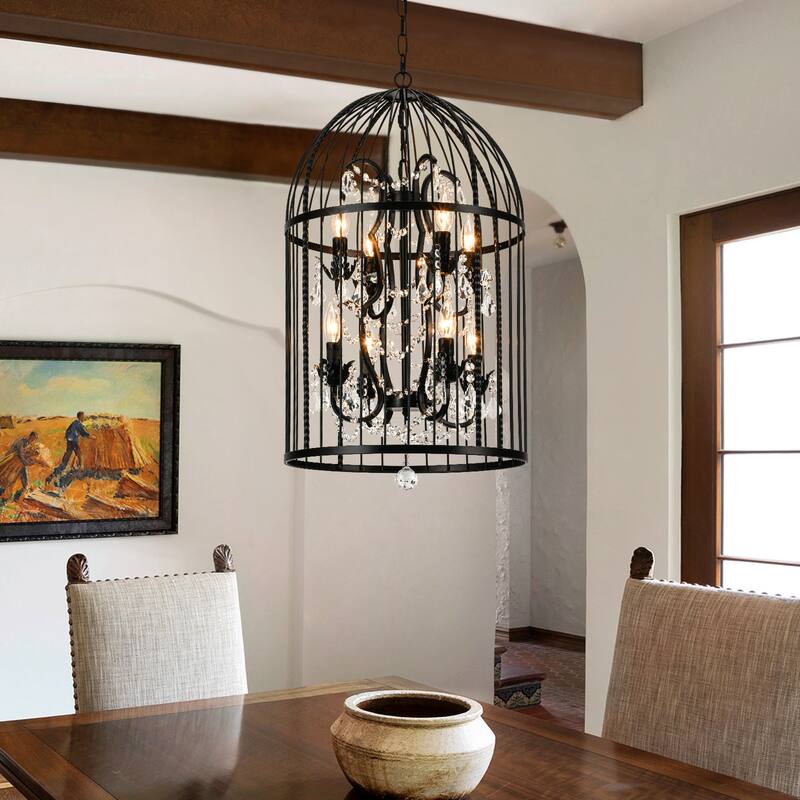 Vintage Black 8-Light Cage Pendant Light with Crystal Accents