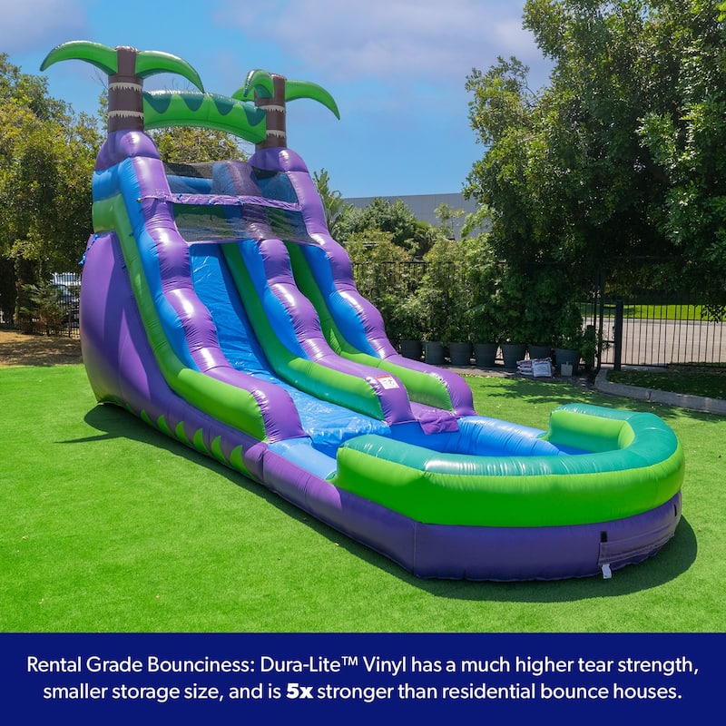 HeroKiddo 16' Purple Tropical Commercial Grade Inflatable Water Slide with Attached Pool & Air Blower Included, Kids Outdoor Fun