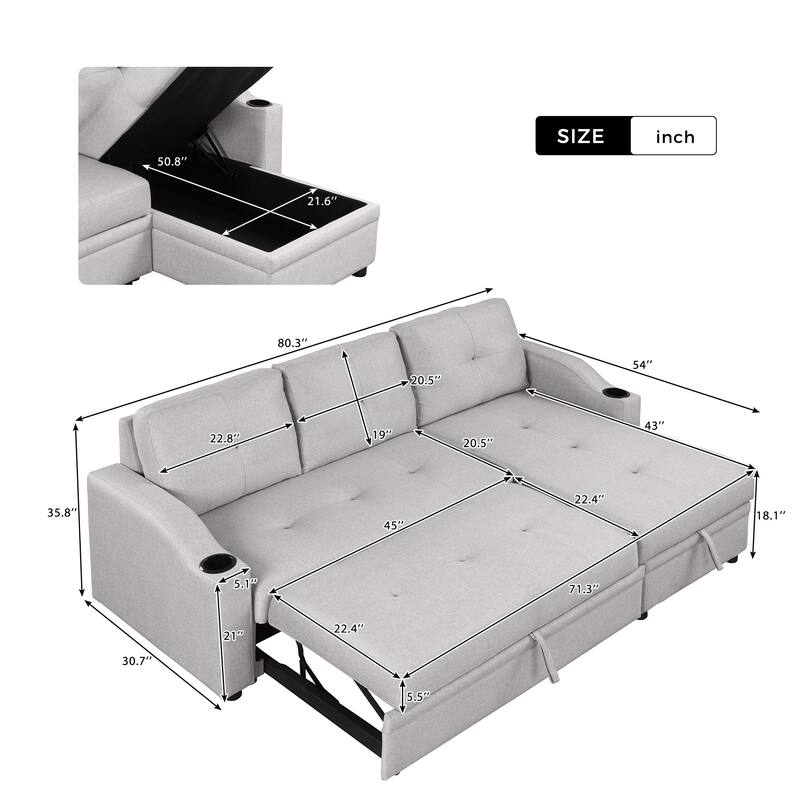 Pull Out Sectional Sofa Bed with Storage Chaise, Cup Holders, and
