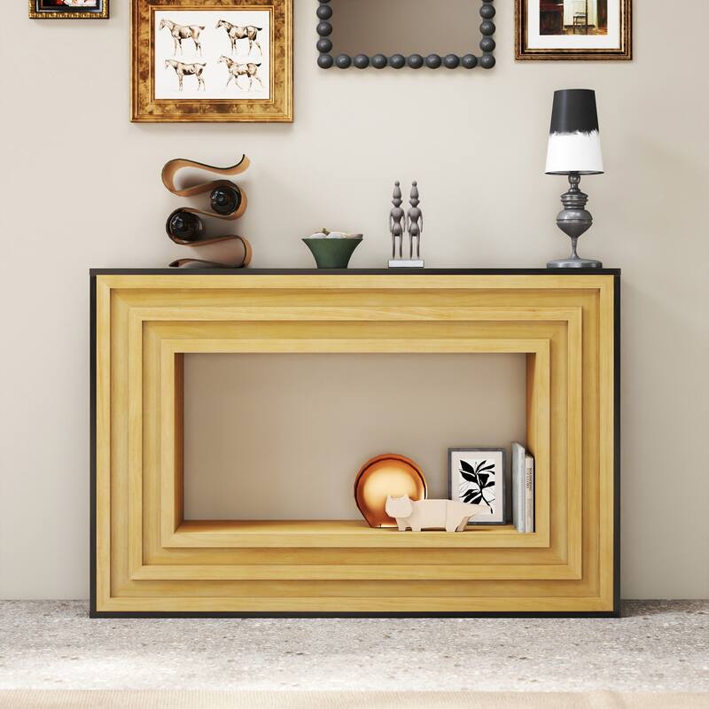 Modern Contrast Console Table with Layered Wood Frame and Black Top