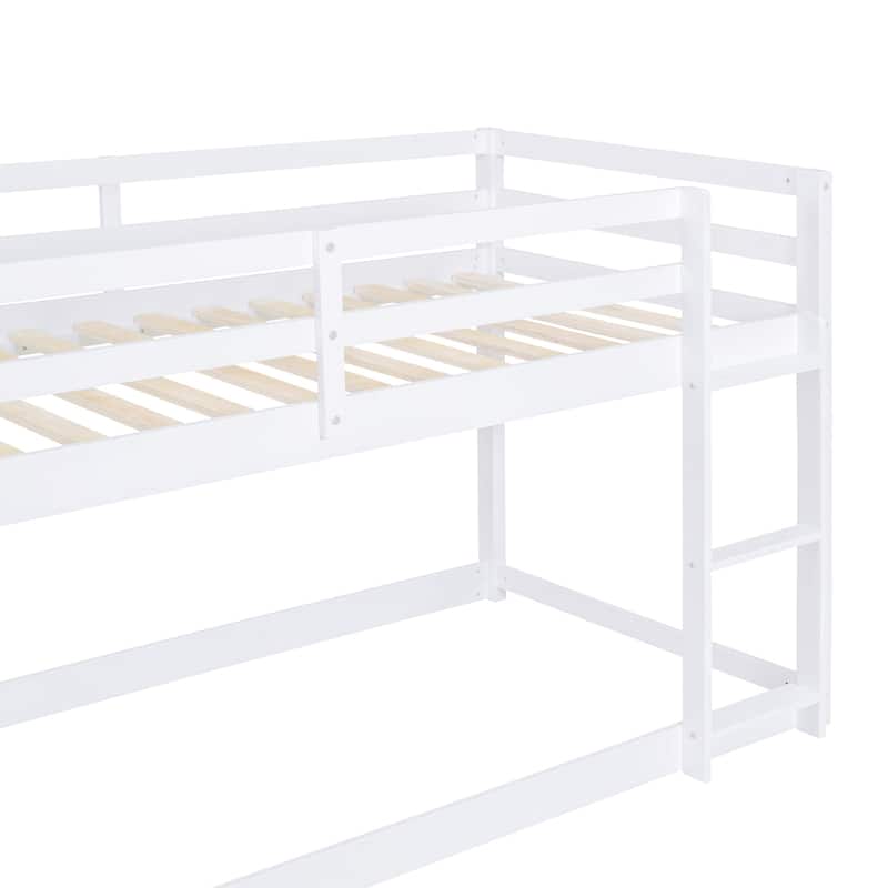 Twin over Twin Floor Bunk Bed with Ladder, White