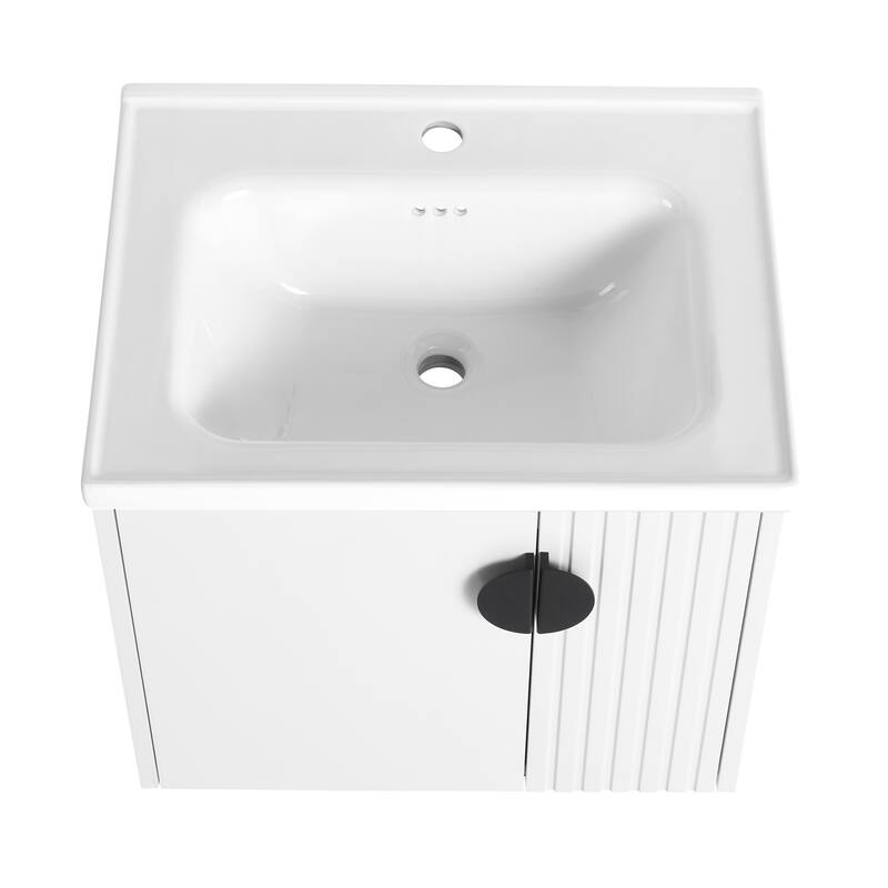 Modern Wall-Mounted Bathroom Vanity with Ceramic Sink, Soft-Close Doors, and 3 Pairs of Metal Handles for Customization