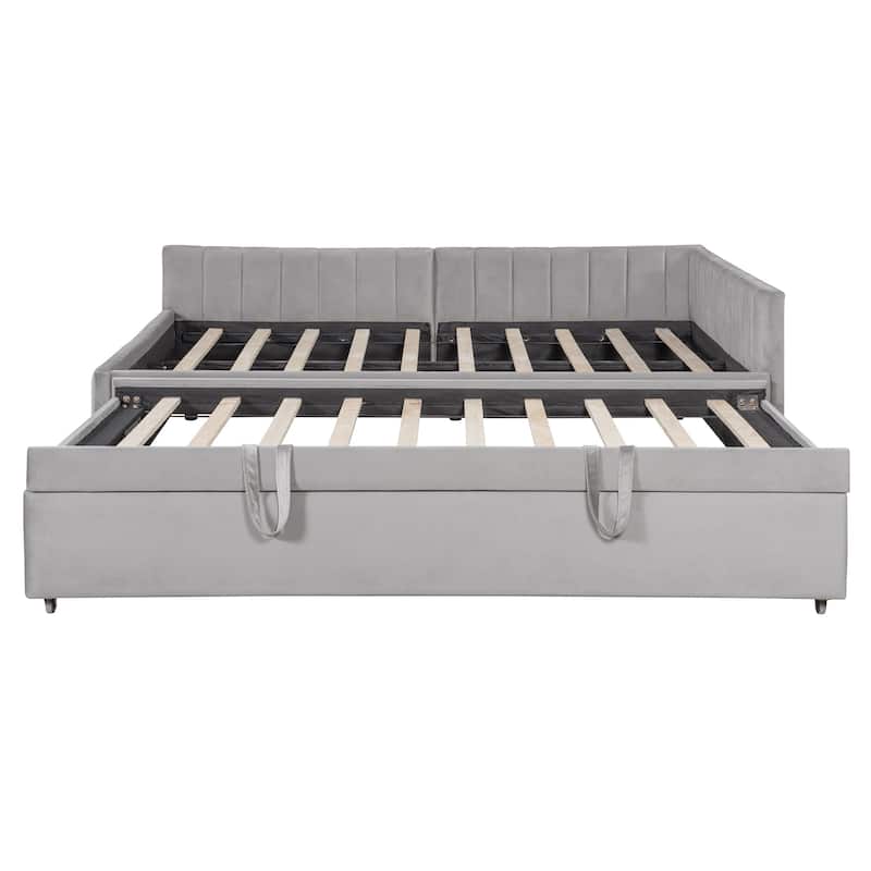 Full Size Daybed with Pull-Out Lift-Up Trundle, Upholstered Daybed Platform Bed with Stripes L-Shaped Backrest and Wood Slats