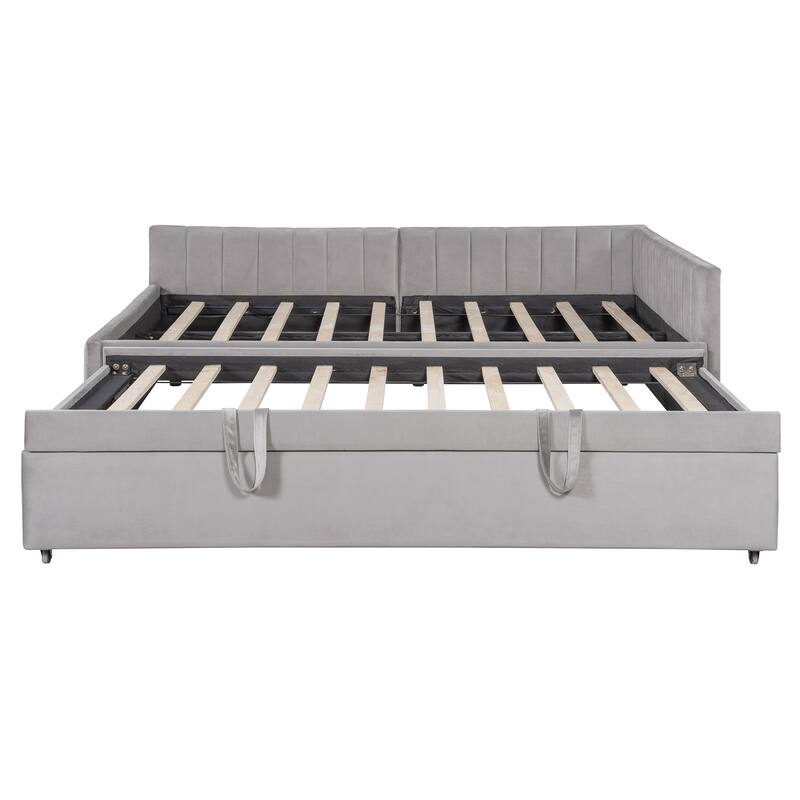 Full Size Upholstered L-Shaped Upholstered Daybed with Twin Size Pop Up Trundle, Gray