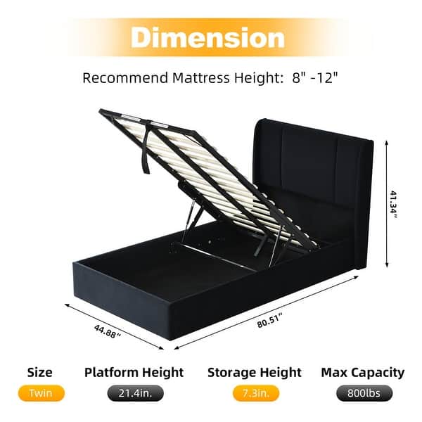 dimension image slide 7 of 17, Modern Minimalist Upholstered Storage Bed with Lift-Up Platform