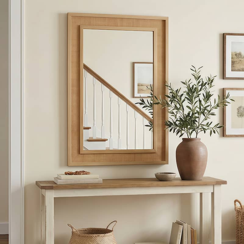 20"x30" Rattan Rectangle Solid Wood Frame Decorative Mirror,For Farmhouse,Bathroom,Home Decor,Entryway