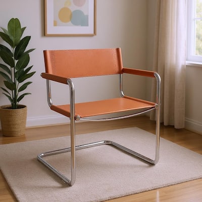 HomeRoots 23" Silver And Terra Cotta Leather and Stainless Steel Arm Chair - 22.95 in. x 31.30 in. x 23.62 in.