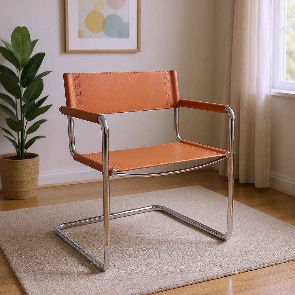 HomeRoots 23" Silver And Terra Cotta Leather and Stainless Steel Arm Chair - 22.95 in. x 31.30 in. x 23.62 in.