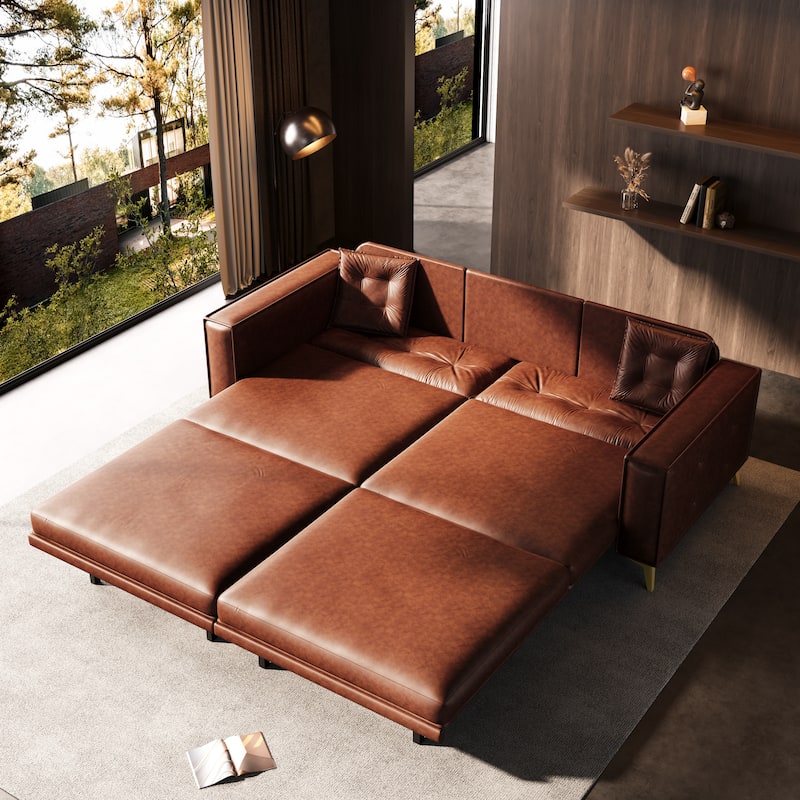 Oversized 3-in-1 Convertible Sofa Bed, 92.1" Faux Leather Square Arms Loveseat, Modern Pull-Out Sleeper Couch with Pillows - Light Brown