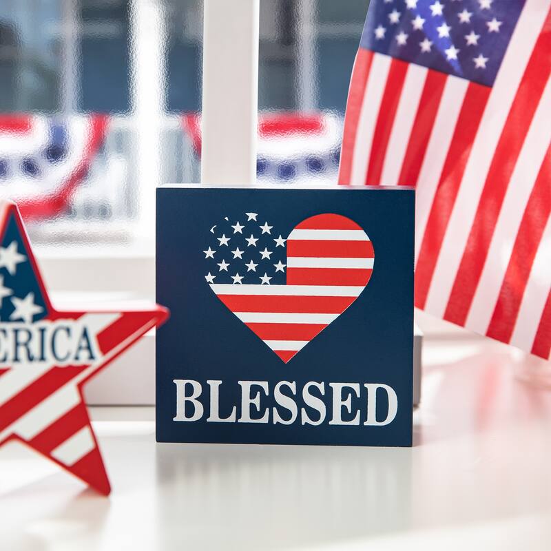 Glitzhome Set of 3 Patriotic Americana Wooden Block Table Sign