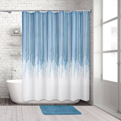 Variegated Top Stripe Blue 14-Piece Bath Set -Shower Curtain, Rug & Hooks - multi