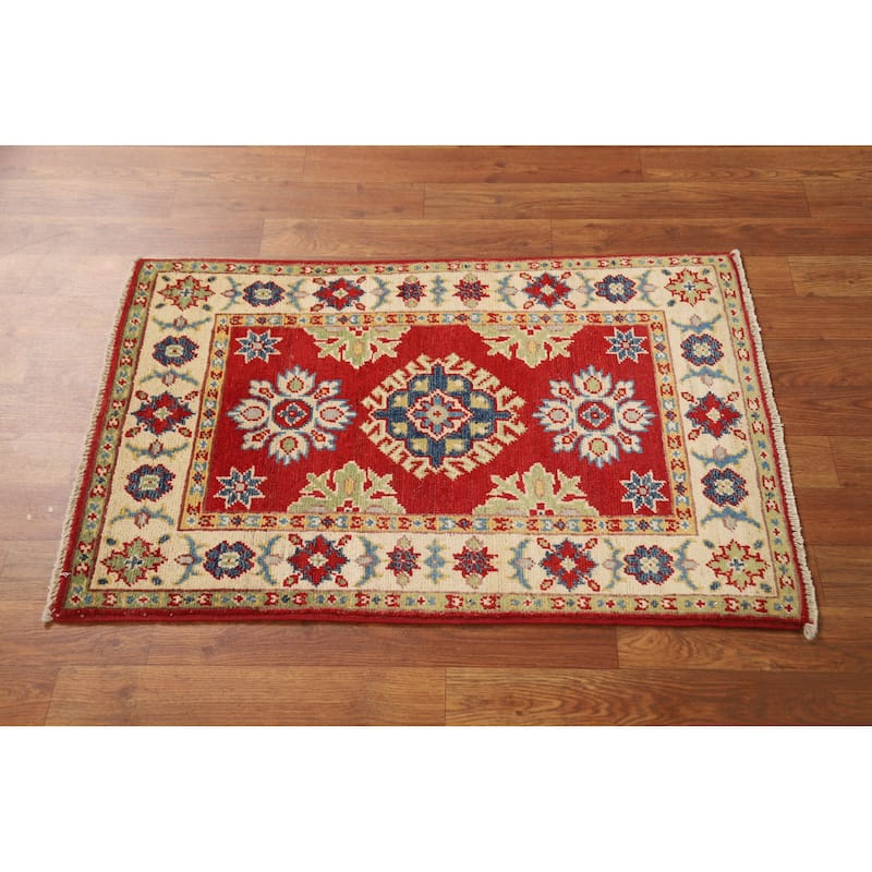 Red Geometric Kazak Accent Foyer Rug Handmade Oriental Wool Carpet - 2'0"x 3'0"