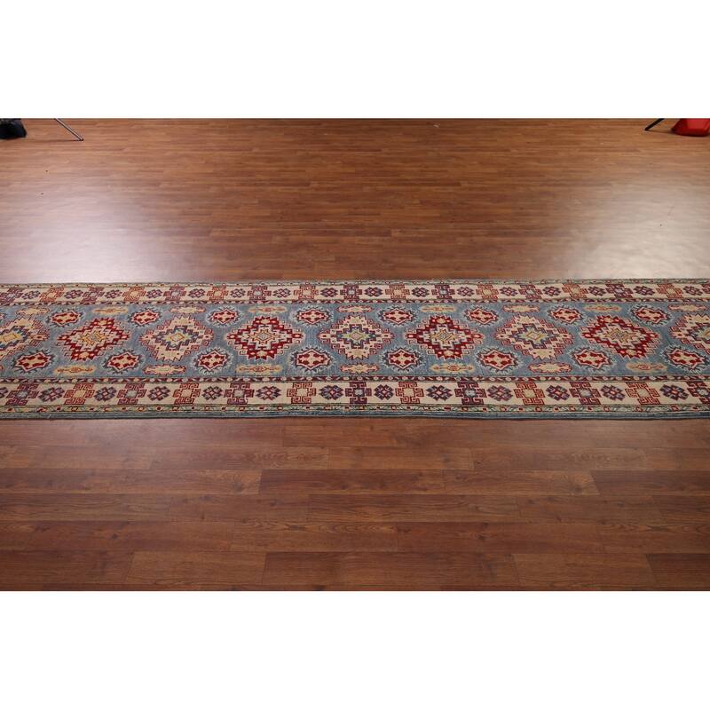 Blue Geometric Kazak Runner Rug Hand-Knotted Wool Carpet - 2'9" x 15'11"