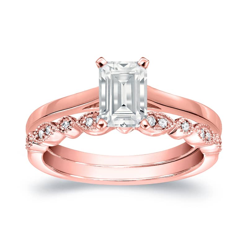 Auriya 14k Gold 2/3ctw Vintage Emerald-cut Solitaire Diamond Engagement Ring Set - Rose - 7.5