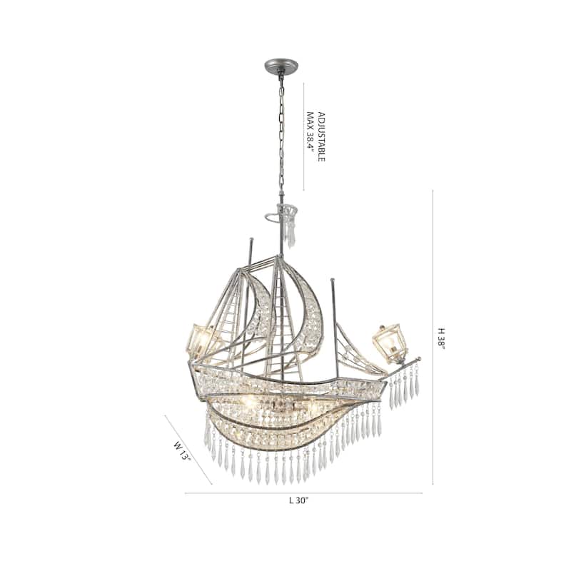 4-Light Antique Silver Sail Boat Chandelier With Clear Crystal Accents
