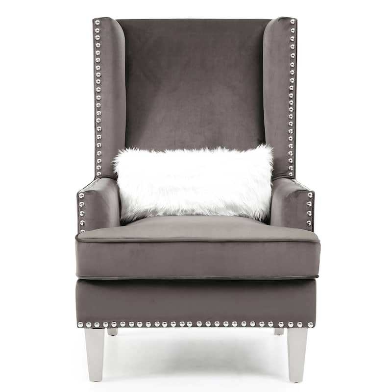 High Back Velvet Accent Chair with Fur Pillow - 47" - Gray