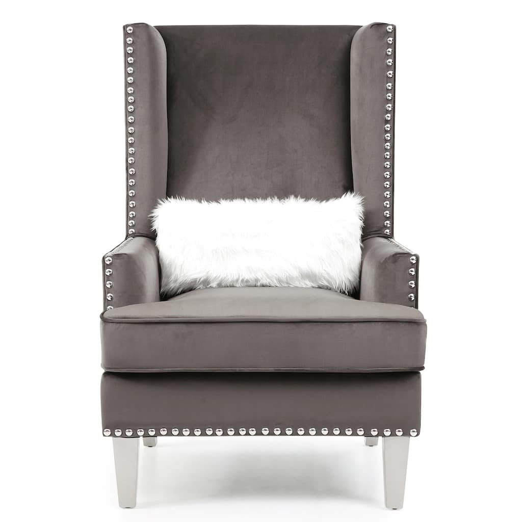High Back Velvet Accent Chair with Fur Pillow - 47" - Gray