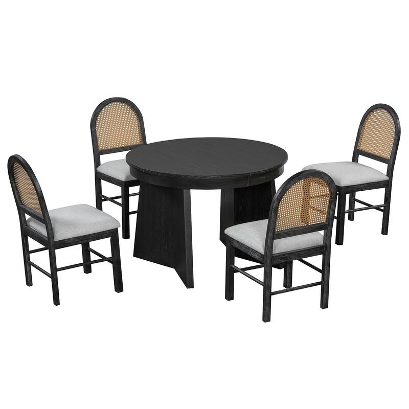 5-Piece Round Dining Table Set For 4,Retro Extendable Dining Table Set With 4 Upholstered Chairs,Kitchen Table And Chairs