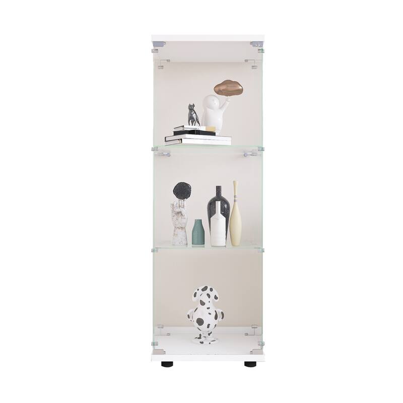 One-Door Glass Display Cabinet with 3 Shelves, Floor Standing Curio Bookshelf with Tempered Glass for Living Room Bedroom Office