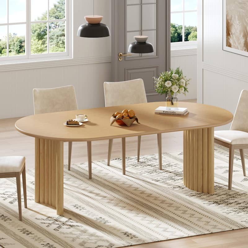 Oval Dining Table with Arc-Shaped Edge Top and Stripes Base Modern Farmhouse Kitchen Table for Living Room Dining Room