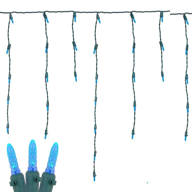 M5 Christmas LED Icicle Light Set, Green Wire, 15' Long, 150 Light - Blue