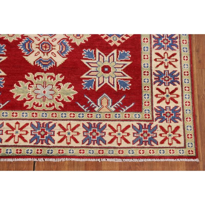 Red Geometric Kazak Oriental Area Rug Handmade Traditional Wool Carpet - 4'11" x 6'6"