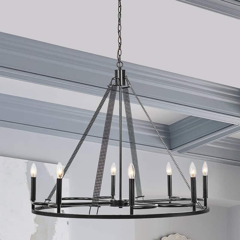 Modern 8 - Light Wagon Wheel Candle Style Chandelier - 36.22"x36.22"x31.69" - Classic Black